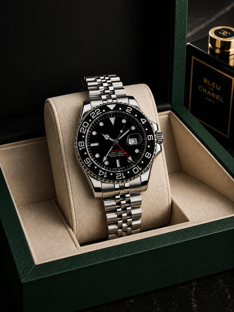 A stainless steel wristwatch with a black dial and black-and-white bezel, displayed on a beige cushion inside a dark green watch box. A Bleu Chanel perfume bottle is partially visible in the background.