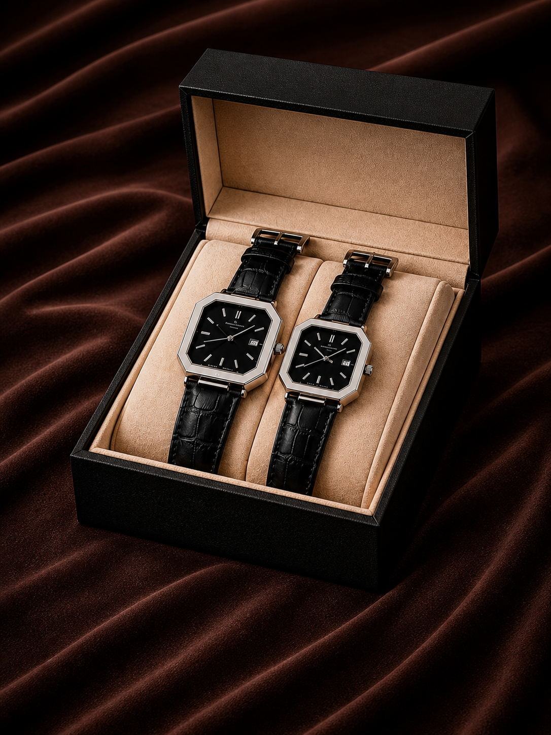 Two wristwatches with black leather straps and silver-toned octagonal cases, displayed side by side inside an open black presentation box with a beige interior, set against a dark brown draped fabric background.