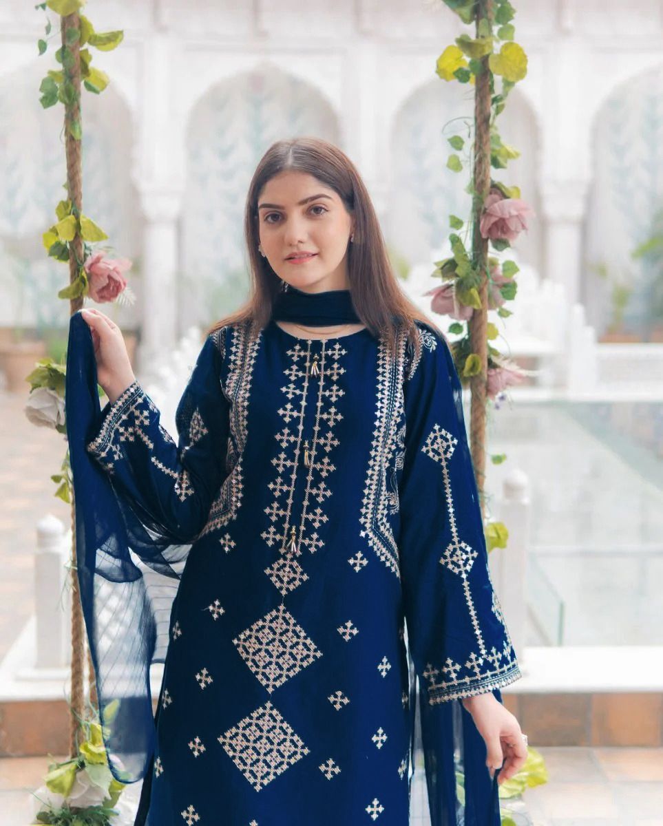 3 Piece Cotton Suit for Women – Sequence Embroidered Shirt with Trouser & Chiffon Dupatta