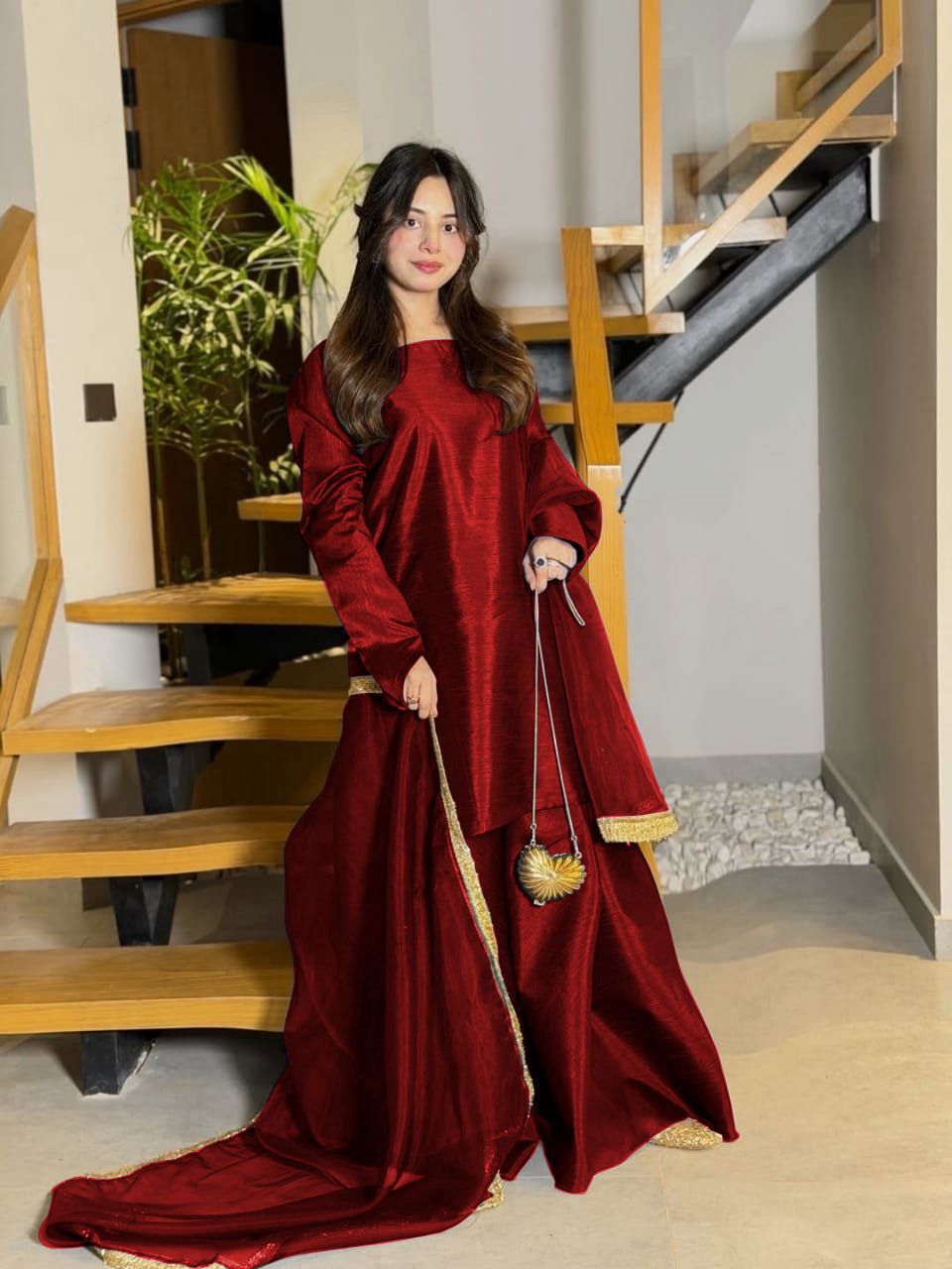 3 Piece Sharara Dress for Women – Long Flare Sharara with Dori Shirt & Organza Dupatta (Elegant Festive Wear)