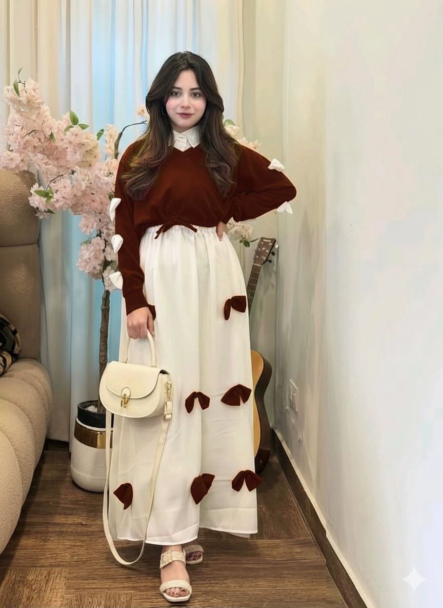 2PC Georgette Maxi Dress Set for Women – V Neck Bow Top with Long Flare Maxi (Elegant Party Wear)