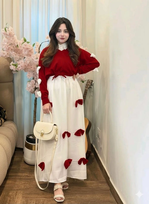 2PC Georgette Maxi Dress Set for Women – V Neck Bow Top with Long Flare Maxi (Elegant Party Wear)