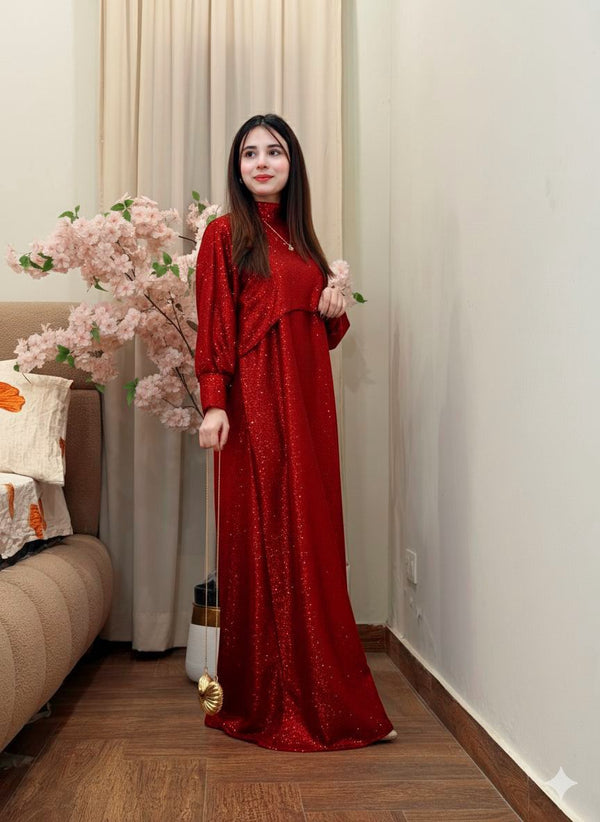 2PC Moonlight Glitter Maxi Dress Set for Women – Drop Shoulder Top with Long Maxi (Party & Festive Wear)