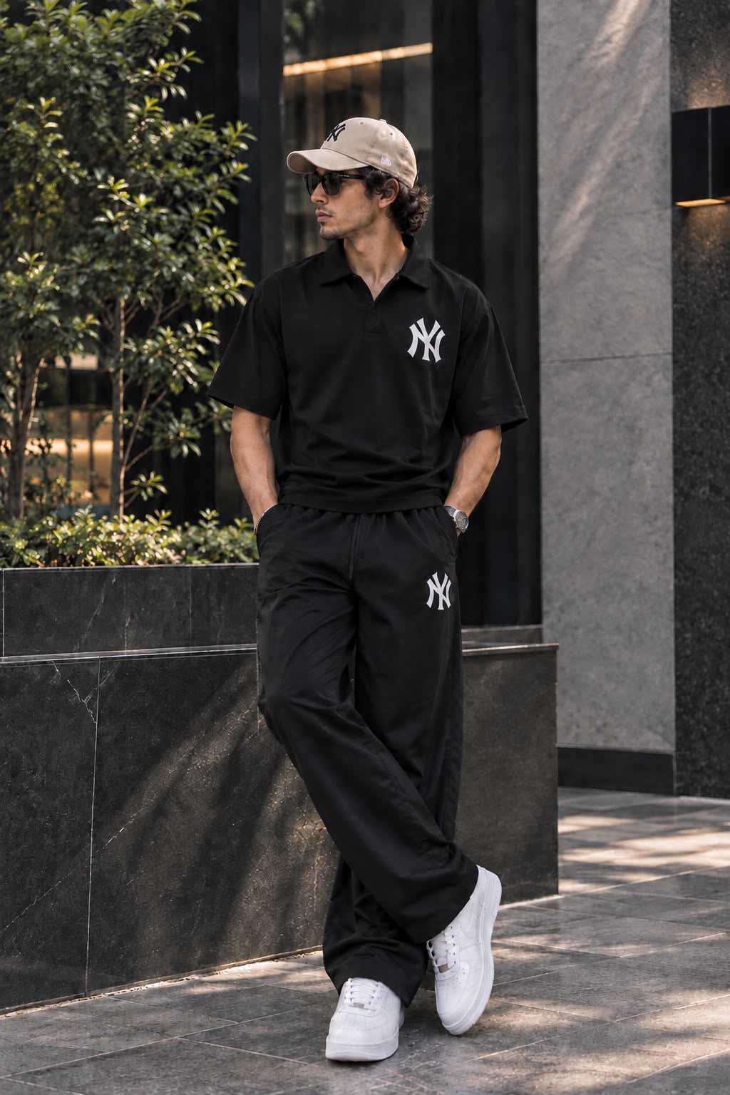 A man wearing a black short-sleeve polo shirt and matching black sweatpants with white embroidered New York Yankees logos, paired with a beige baseball cap and white sneakers, standing outdoors against a modern building facade.