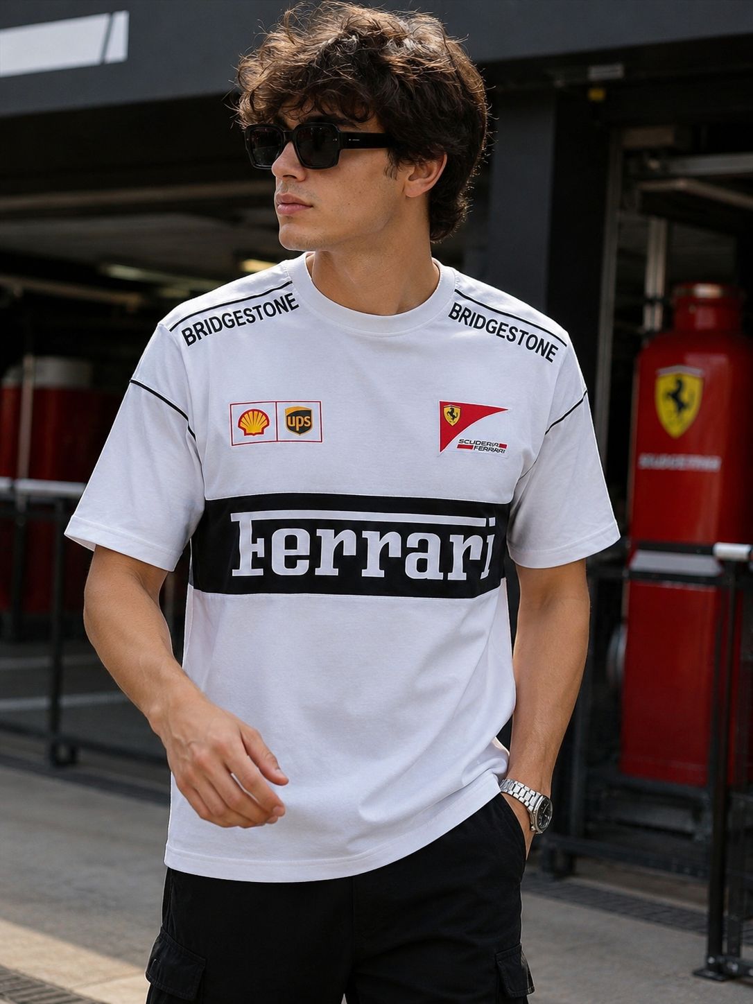 A man wearing a white Ferrari t-shirt with black and red sponsor logos, including Bridgestone, Shell, and UPS, set against a dark garage background with a red Ferrari fire station visible.