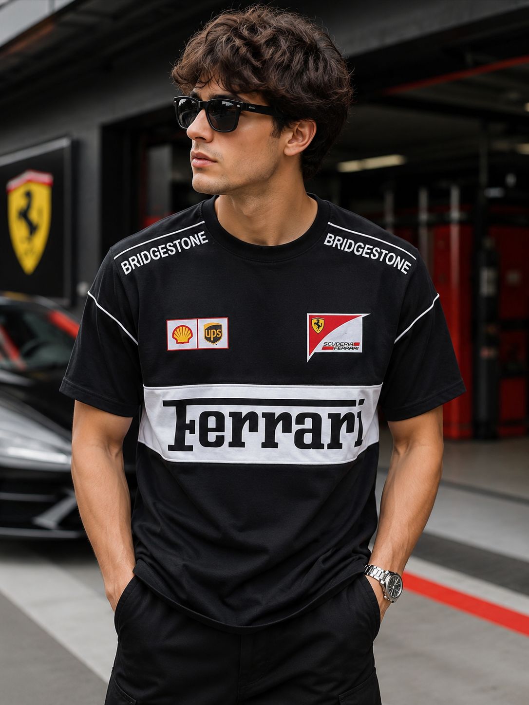 A man wearing a black Ferrari team t-shirt with white and red sponsor logos, standing in front of a garage background with a Ferrari car and logo visible.