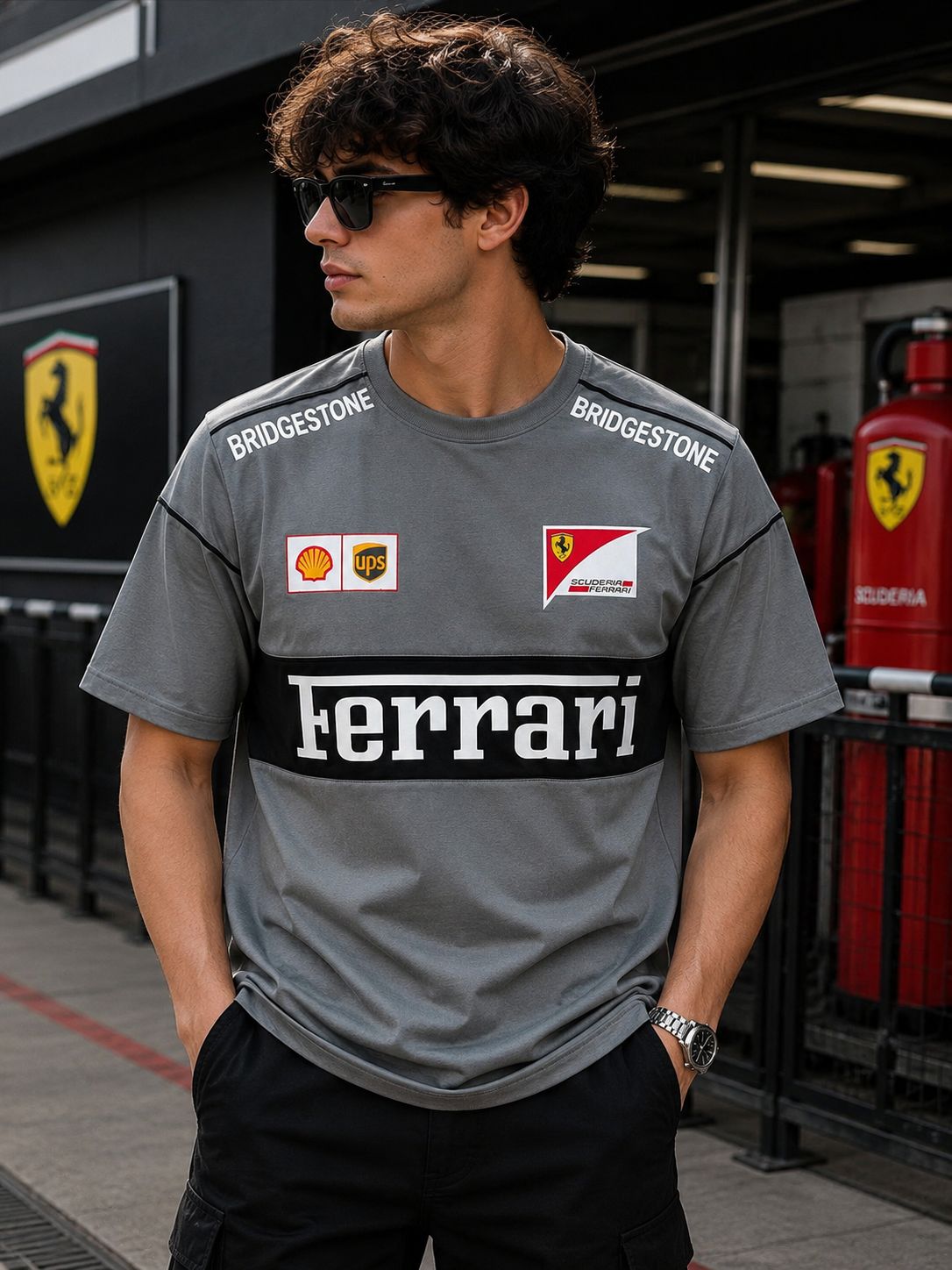 A man wearing a gray Ferrari team t-shirt with Bridgestone and Shell logos, standing in front of a Ferrari paddock background.