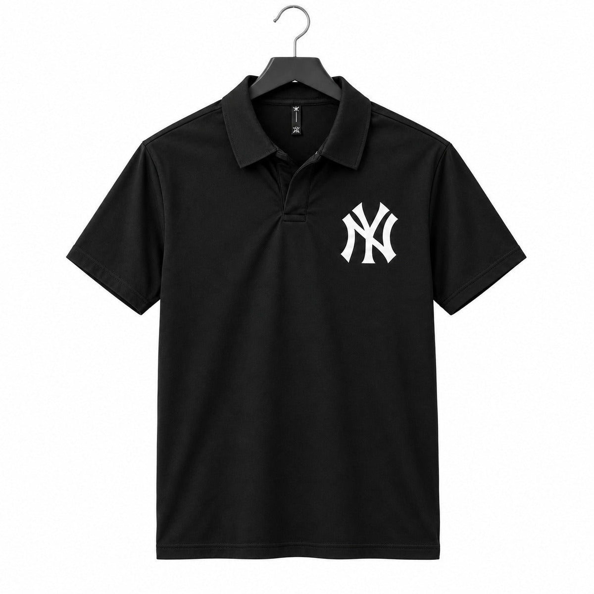 A black short-sleeve polo shirt hanging on a black hanger against a plain white background, featuring a white embroidered New York Yankees logo on the left chest.