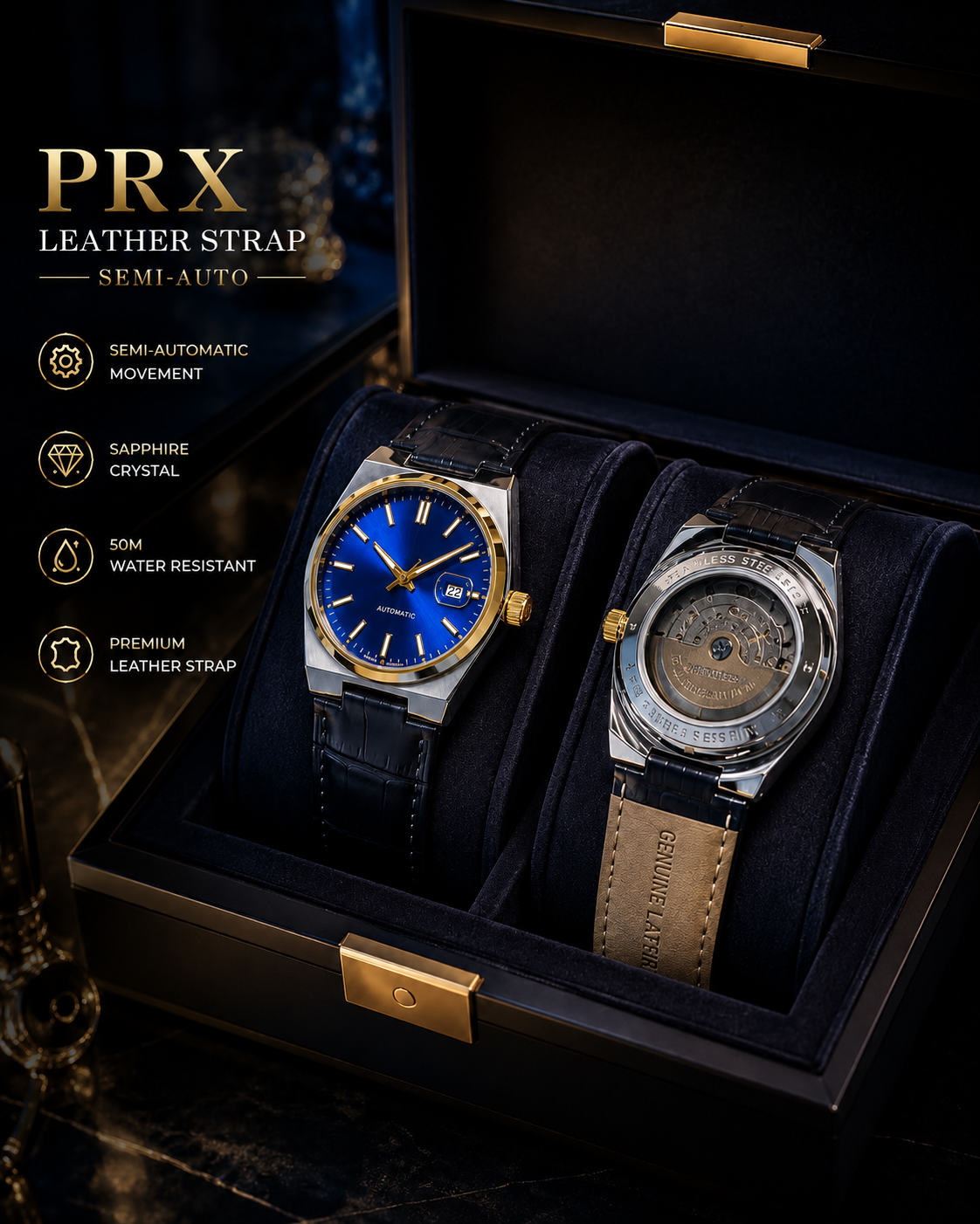 Two luxury semi-automatic wristwatches with leather straps displayed inside an open black presentation box. The watch on the left has a blue dial and silver-toned case with gold accents, while the watch on the right has a skeleton dial and a tan leather strap.