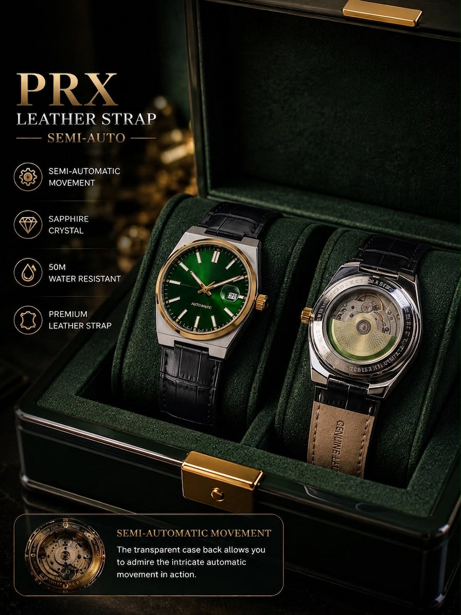 Two PRX leather strap semi-auto mechanical watches displayed inside an open dark green presentation box with gold-tone hardware. The left watch has a green dial and black leather strap, while the right watch shows a transparent case back with a beige leather strap.