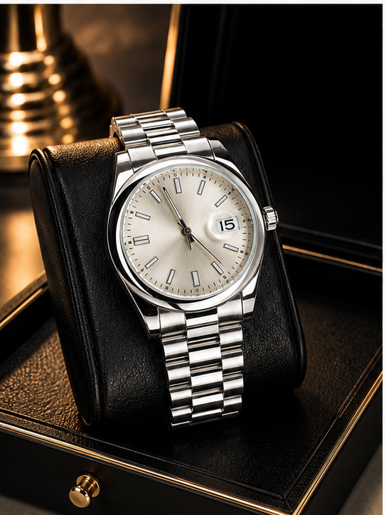 A silver stainless steel wristwatch with a cream-colored dial and date window, resting on a black leather display cushion inside a black presentation box with gold trim.